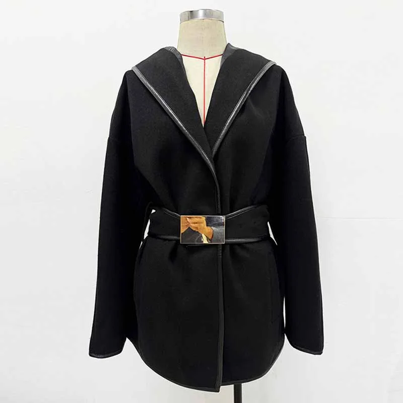 Women's Black Belted Woolen Coat