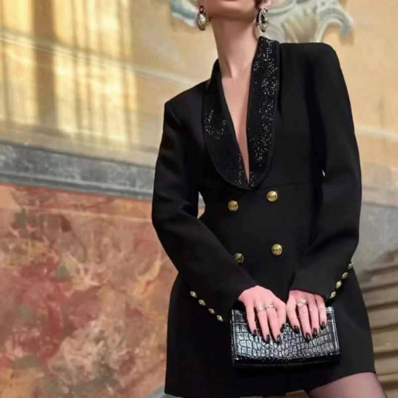 Women's Black Sequin Embellished Backless Blazer Minidress