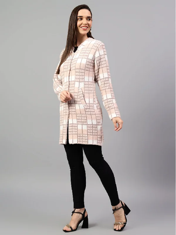 Women's Checked Peach Full Sleeve Cardigan Casual Sweater