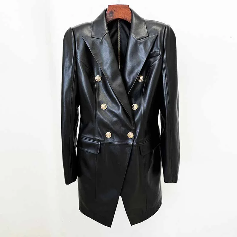 Women's Faux Leather Blazer Minidress Black Double Breasted Blazer Dress