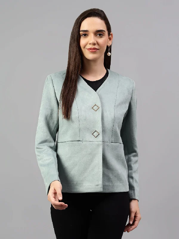 Women's Green Solid Casual Winter Blazer