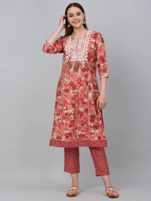 Women's Red Printed Kurta Plazzo Set