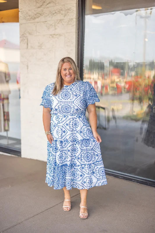 Blue Embroidered Sass Midi Dress