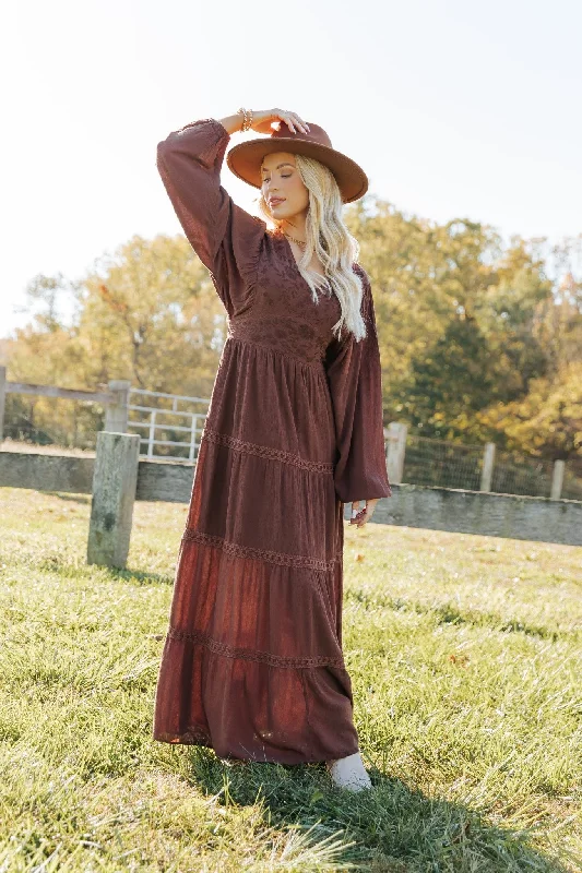 Brown V Neck Embroidered Maxi Dress