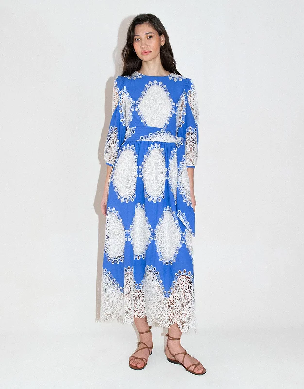 Constance Lace Midi Dress - Blue/White