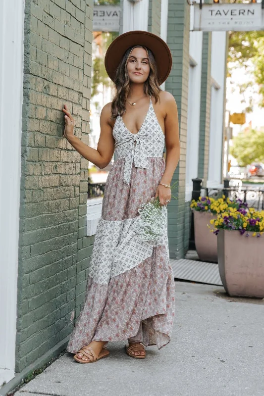 Cream Color Block Halter Maxi Dress - FINAL SALE