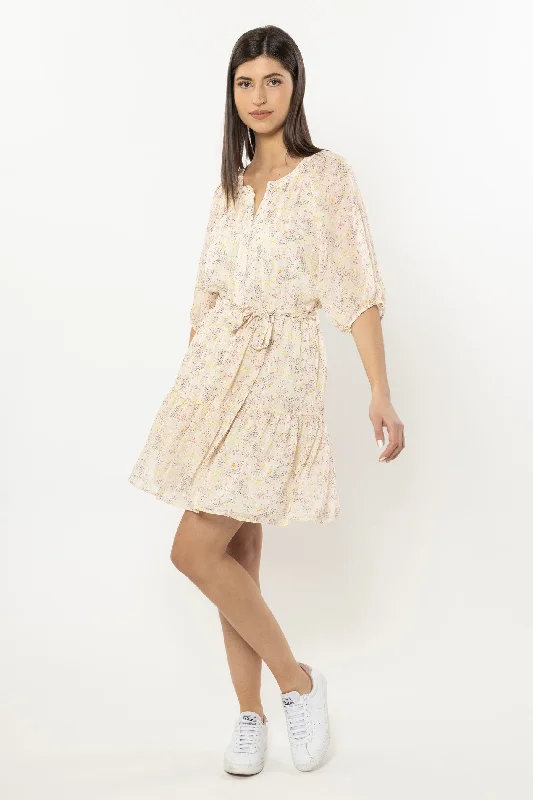 Flourish White Lilac Daisy Puff Sleeve Mini Dress