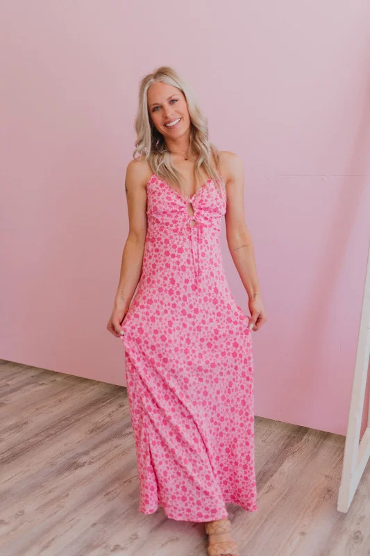 Send  A Postcard Pink Floral Keyhole Maxi Dress