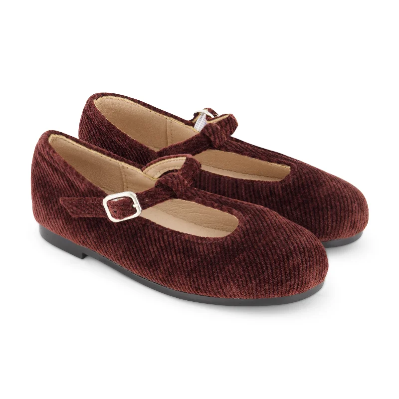 Zeebra Kids Corded Velvet T-Strap Shoes - Burgundy