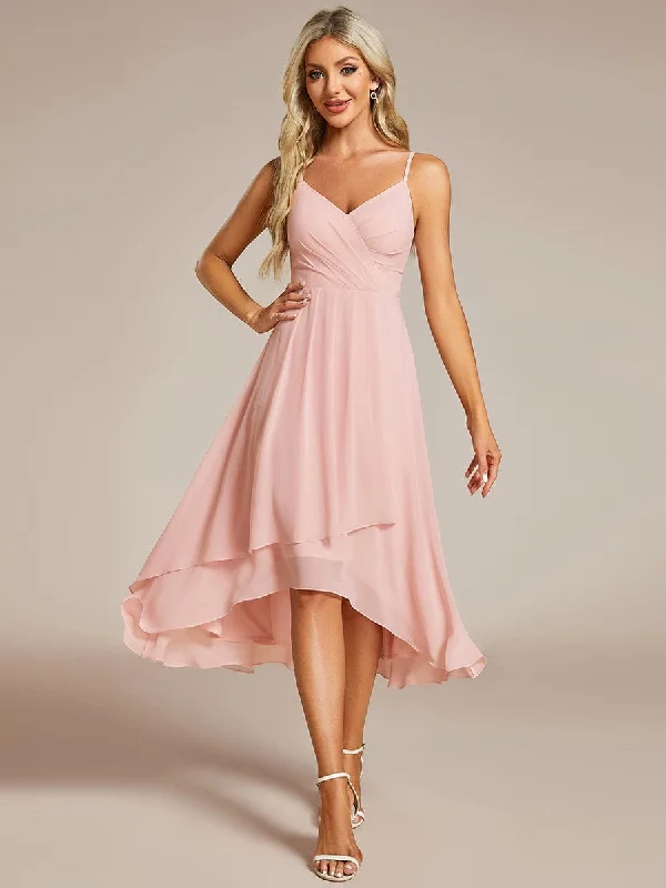 Airy Lila | High-Low V-Neck Pleated Spaghetti Strap Wedding Guest Dress in Chiffon