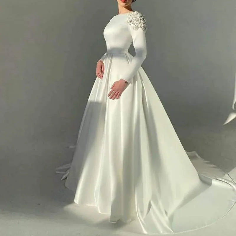 Elegant Ivory Muslim Wedding Dresses Vestidos De Novia Luxury Beading Flowers Satin Simple Vintage Long Sleeve Bridal Gowns