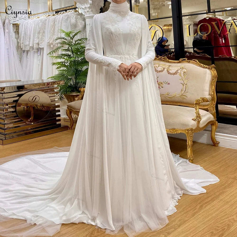 Elegant Women's Wedding Dresses for Bride High Neck Chiffon Abaya Robe Long Sleeves Hijab Islamic Bridal Gown with Cape