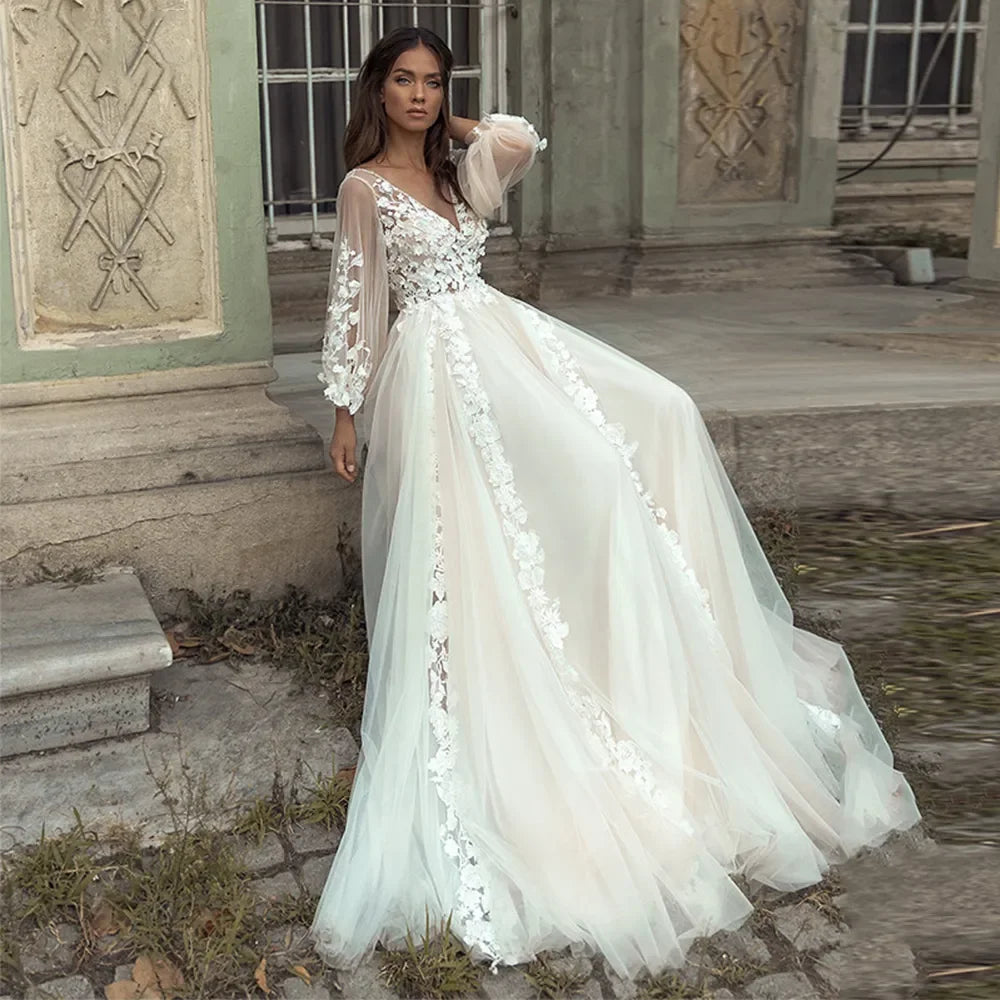 Graceful Princess Boho Wedding Dresses Appliques Lace Backless Beach Bride Dress Long Puff Sleeves Plus Size Bridal Gown