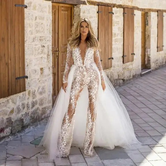 Lace Wedding Jumpsuit Wedding Dresses A-line Long Sleeves Tulle Boho Wedding Gown Bridal Jumpsuit Vestidos De Novia