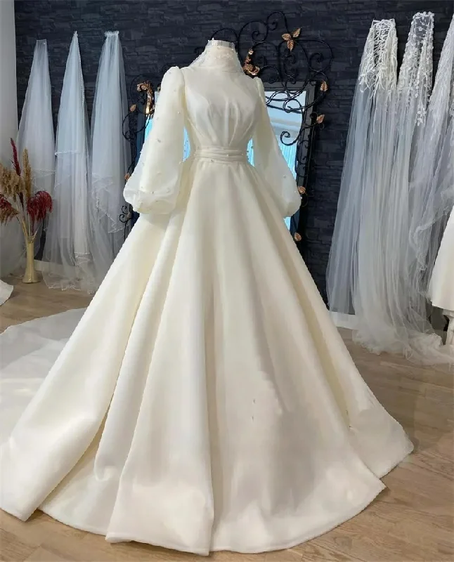 Organza Pearls Muslim Hijab Wedding Dress for Bride Long Sleeve Islamic Bridal Gowns High Neck Women Arabic Robe De Mariée