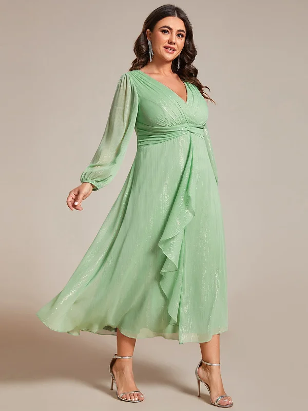 Plus Shiny Chiffon Wholesale Wedding Guest Dresses with Long Sleeve