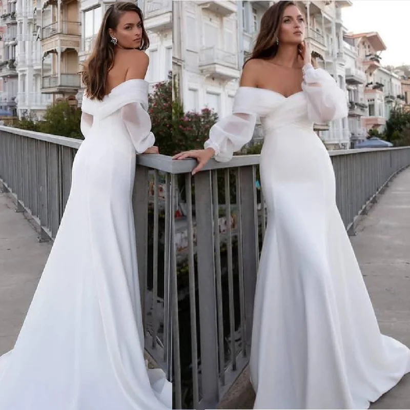 Satin Mermaid Wedding Dresses Long Fuff Sleeve Sexy Lace Beach Bride Dresses Off The Shoulder Boho Bridal Gowns