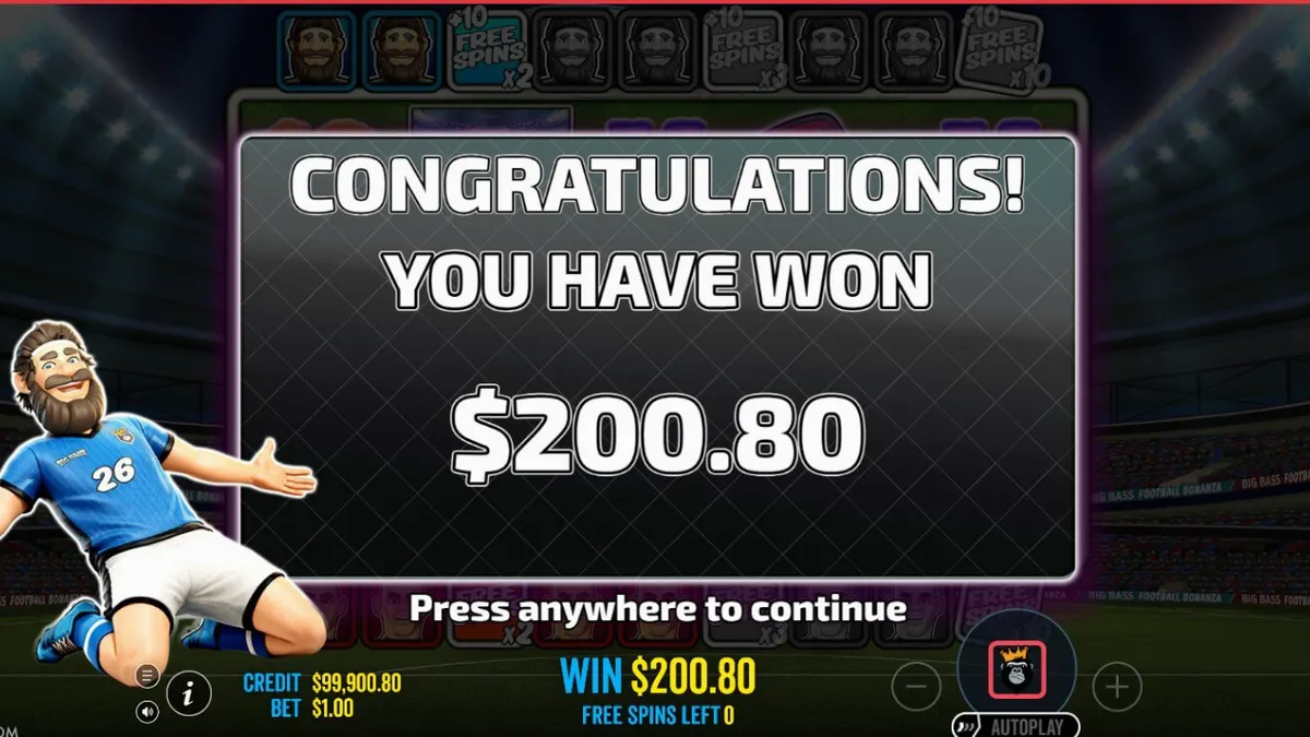 Interface do jogo de slot Big Bass Football Bonanza com elementos de futebol e pesca
