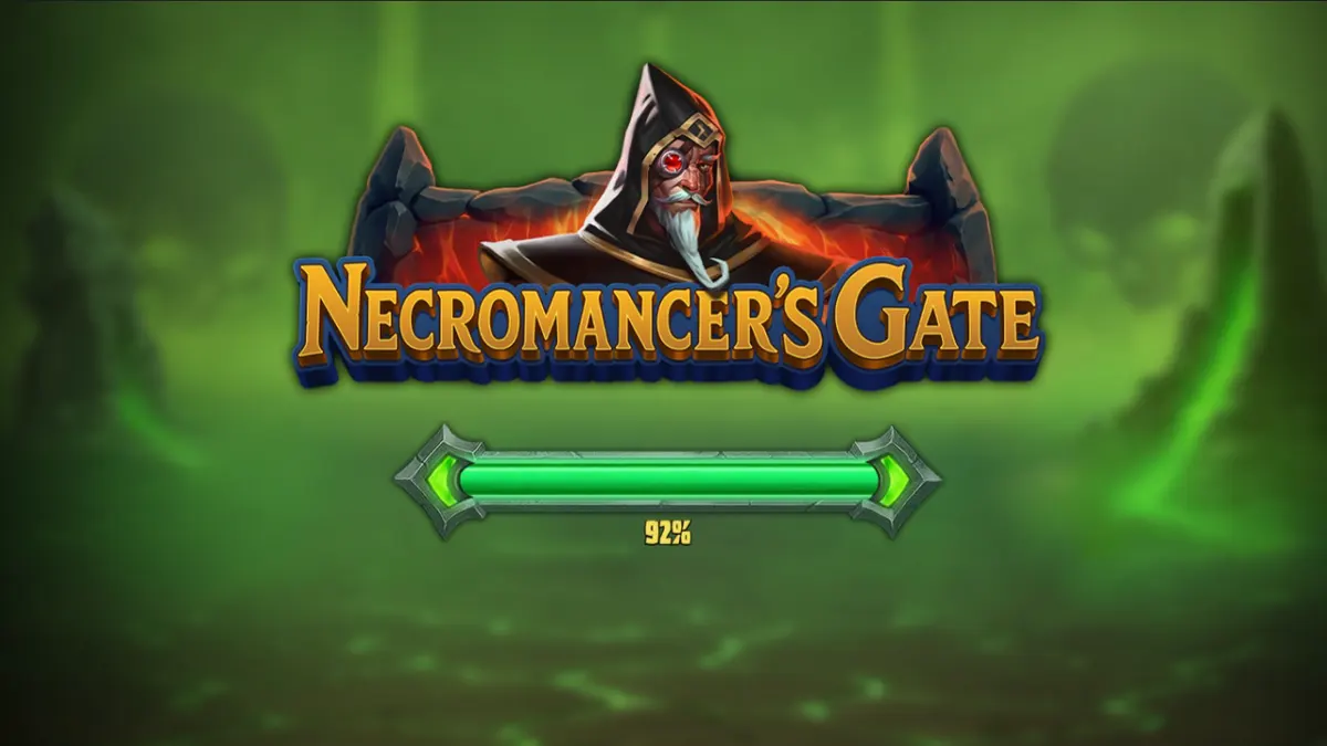 Cena de jogo do slot Necromancer’s Gate com elementos de horror gótico e crânios flutuantes.