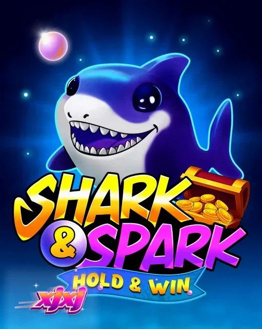 Personagem Little Shark em um cenário subaquático colorido do slot Shark & Spark Hold & Win